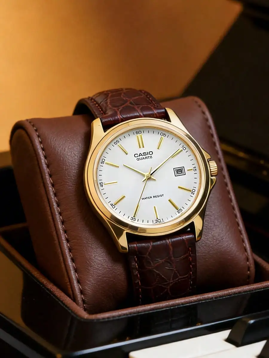 CASIO Men's Classic Vintage Watch Gold Case Brown Crocodile Embossed Leather Strap Date Function for Office Daily Casual Gift