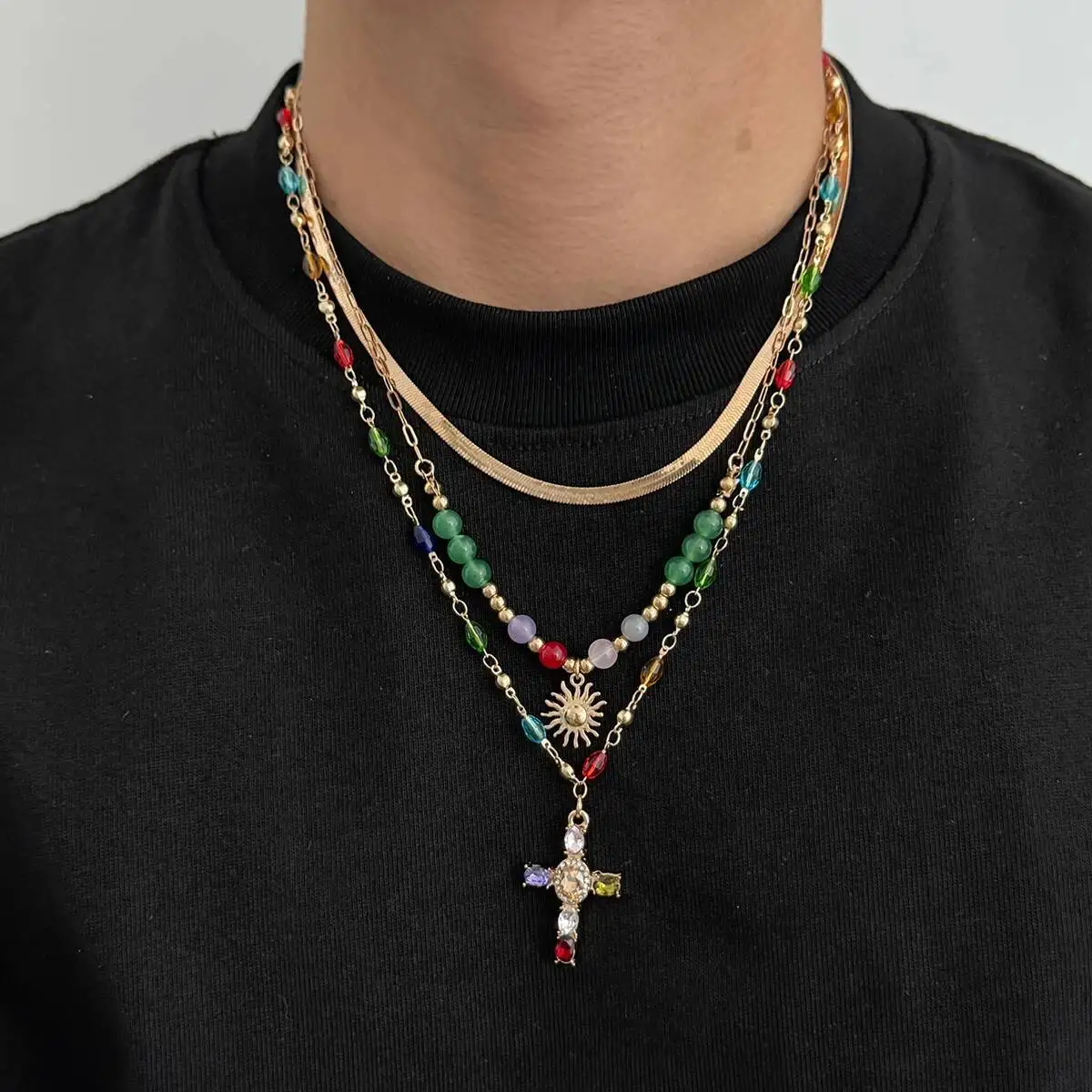 

KunJoe 3Pcs Trendy Glass Bead Flat Snake Chain Choker Necklace for Men HipHop Colorful Rhinestone Jesus Cross Pendant Necklace