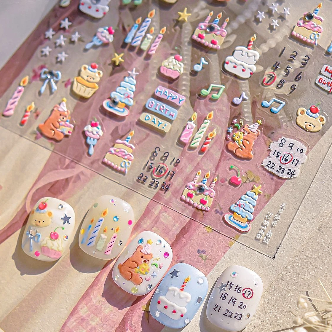 

Birthday Cake Candle Bear Musical Note Calendar Star Bow Denim Fabric Cherry Button Grid Bowknot Nail Art Stickers Charms Decals