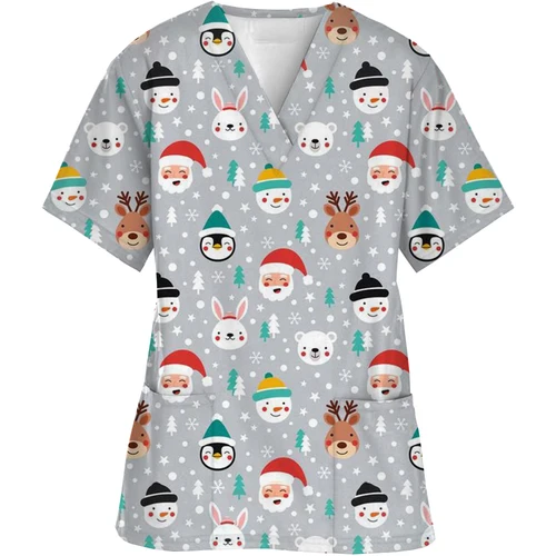 크리스마스 작업자 스크럽 간호사 유니폼 셔츠, V넥 반팔, 간호사 눈사람 인쇄 작업 유니폼 작업복 