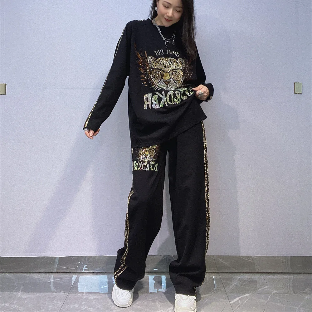 

Модный осенне-зимний женский комплект с капюшоном с леопардовыми бриллиантами и круглым вырезом, пуловер с длинными рукавами, топ + эластичный пояс, свободные прямые брюки, костюм