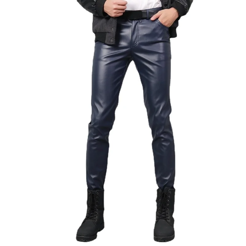 

Spring Autumn Men Leather Fleece Pants Slim Fit Elastic Style Male PU Leather Trousers Punk Cosplay Dance Pants Plus Size