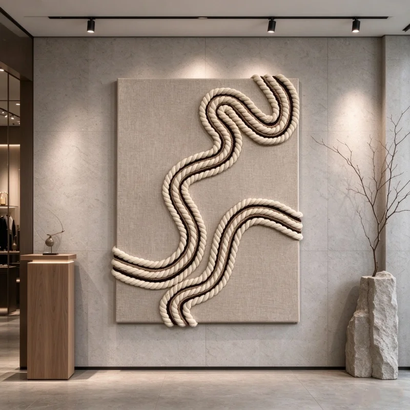 Two-tone Thick Braided Rope Macrame Wall Panel Abstract Flowing Curve Fiber Art Linen Base Wabi Sabi Home Wall Hanging