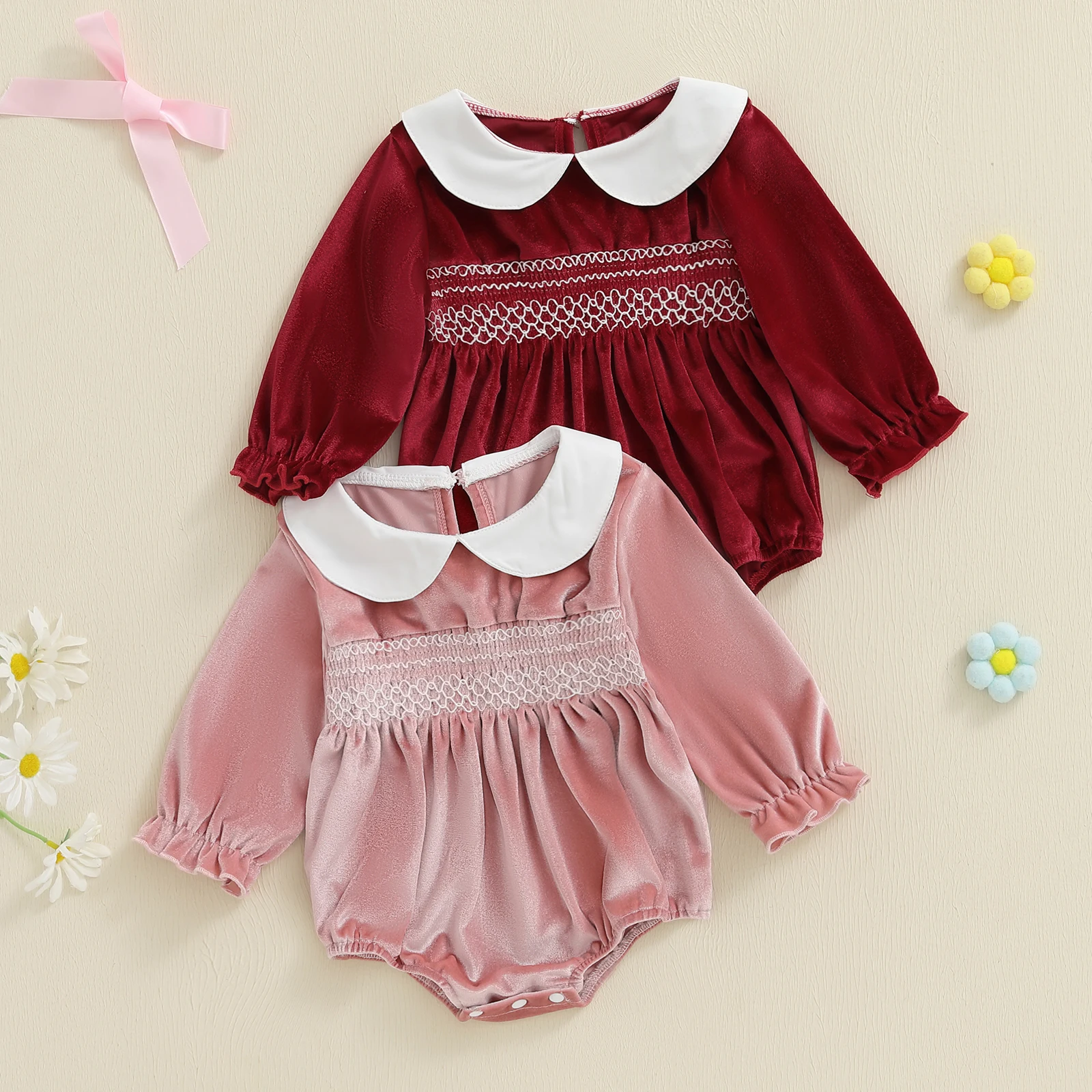 

Tregren 0-8M Newborn Baby Girls Christmas Velvet Romper Cute Doll Collar Long Sleeve Embroidery Bubble Infant Jumpsuit
