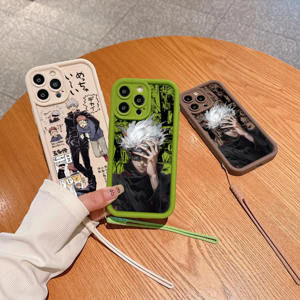 Anime Jujutsus Kaisens Satoru Gojo Phone Case For IPhone 15 14 13 12 11 Pro Max Mini XR XS X 7 8 Plus Soft Cover With Hand Strap