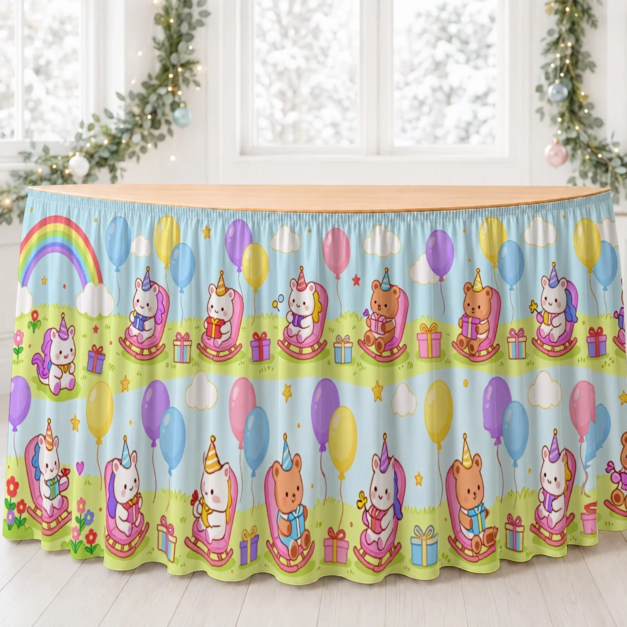 One table skirt. Unicorn birthday party theme. Polyester printed table skirt. Cute, playful, imaginative.
