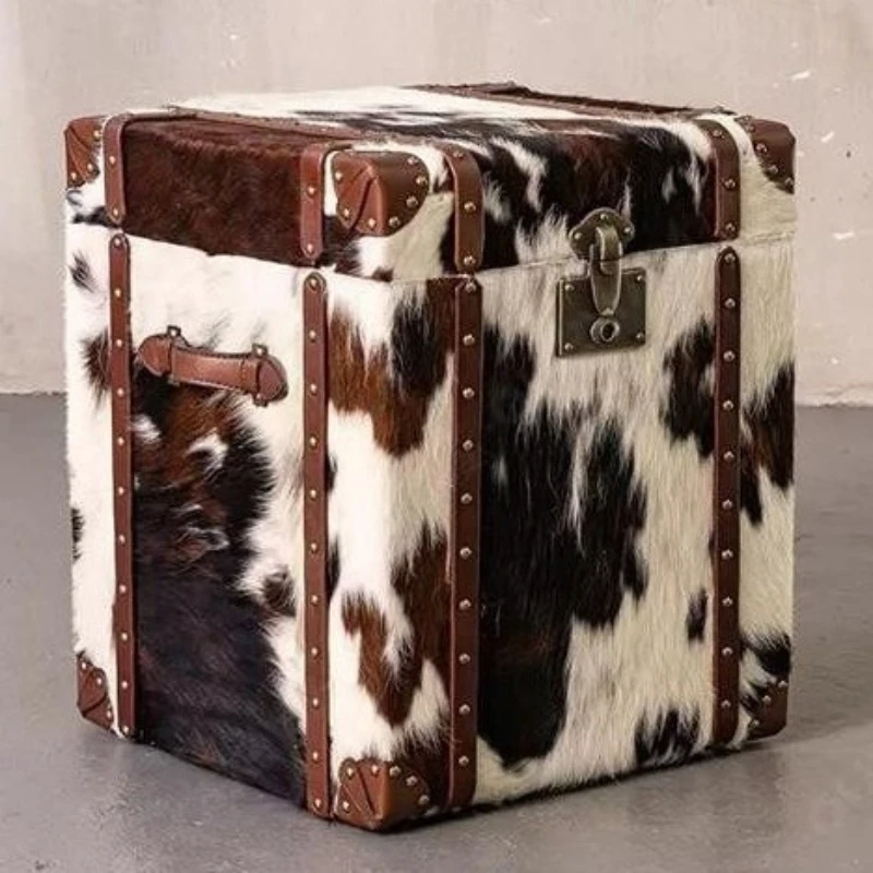 

Medieval milk cowhide bedside table American retro leather box decoration storage cabinet villa room side few ideas
