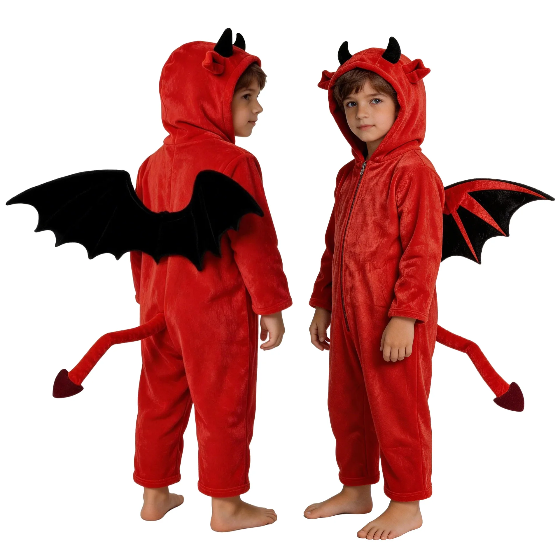 Kids Red Devil Onesie Costume with Horns Wings Tail Boys Halloween Cosplay Outfit Pajamas Children Monster Jumpsuit view 2