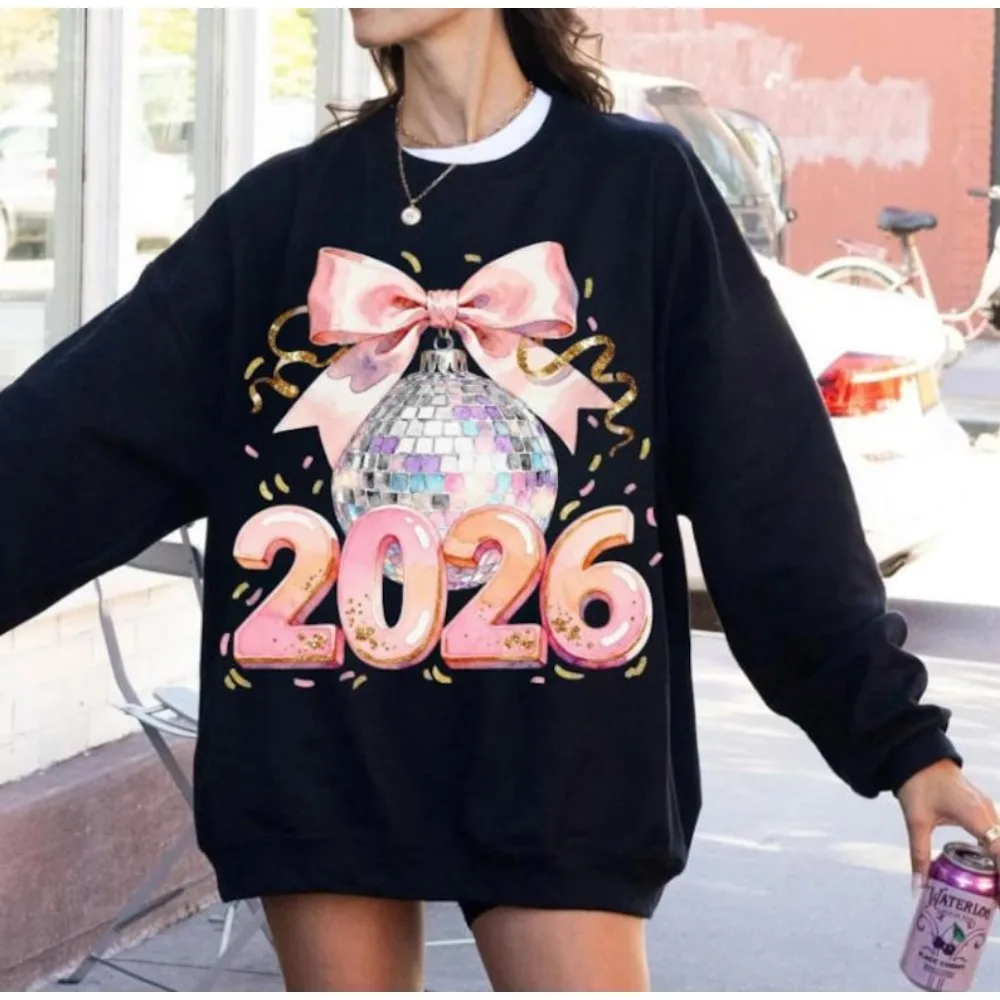 سنة جديدة سعيدة 2026 هوديي الوردي Coquette السنة الجديدة البلوز القوس السنة الجديدة ديسكو الكرة البلوز الشارع موضة الشارع الشهير