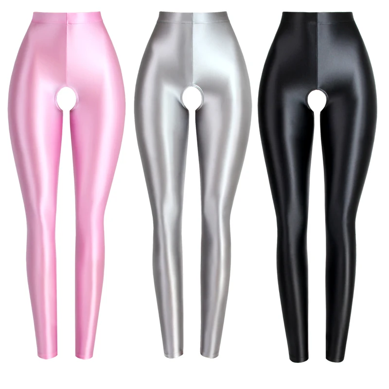 Sexy Satin oil glossy tights pants Leggings high waist shiny pants Ninth pants shiny yoga sport Open crotch glossy sweatpants