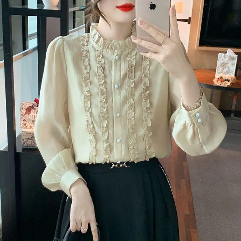 New Spring Autumn Women Ruffle Vintage Elegant Shirts Female Chic Stand Collar Blouses Solid Long Sleeve Slim Tops Ropa De Mujer