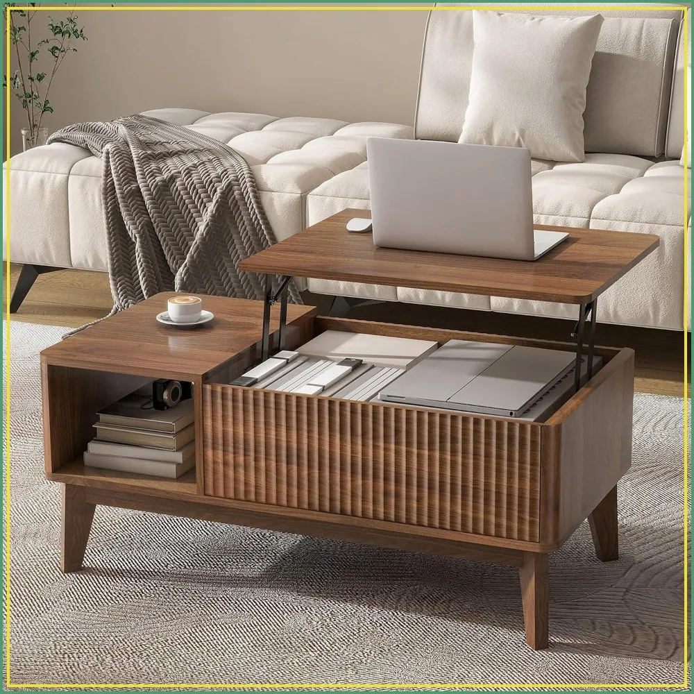 Fluted Lift Top Coffee Table with Storage, Modern Coffee Table for Living Room Home Office Walnut