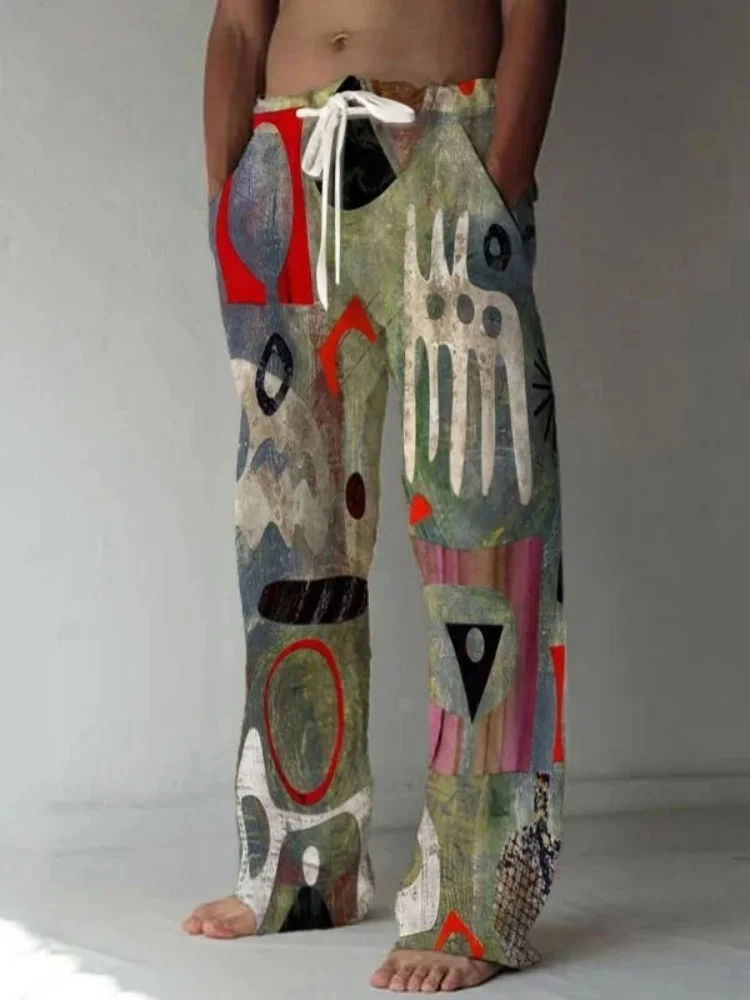 

Men's African Abstract Painting Print Japanese Pants Casual Loose Elastic Waisted 2026 Fashion Autumn Long Trousers Chic Bottoms