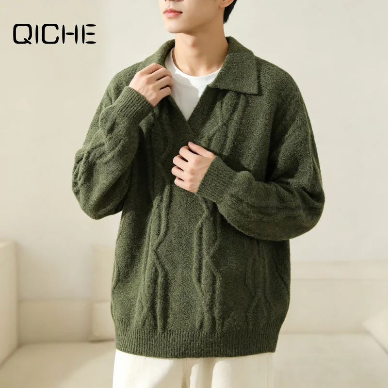 QICHE New Luxury Old‑Money Style Men Cable Knit V Lapel Long Sleeve Sweater Urban Trendy Knitted Jacket