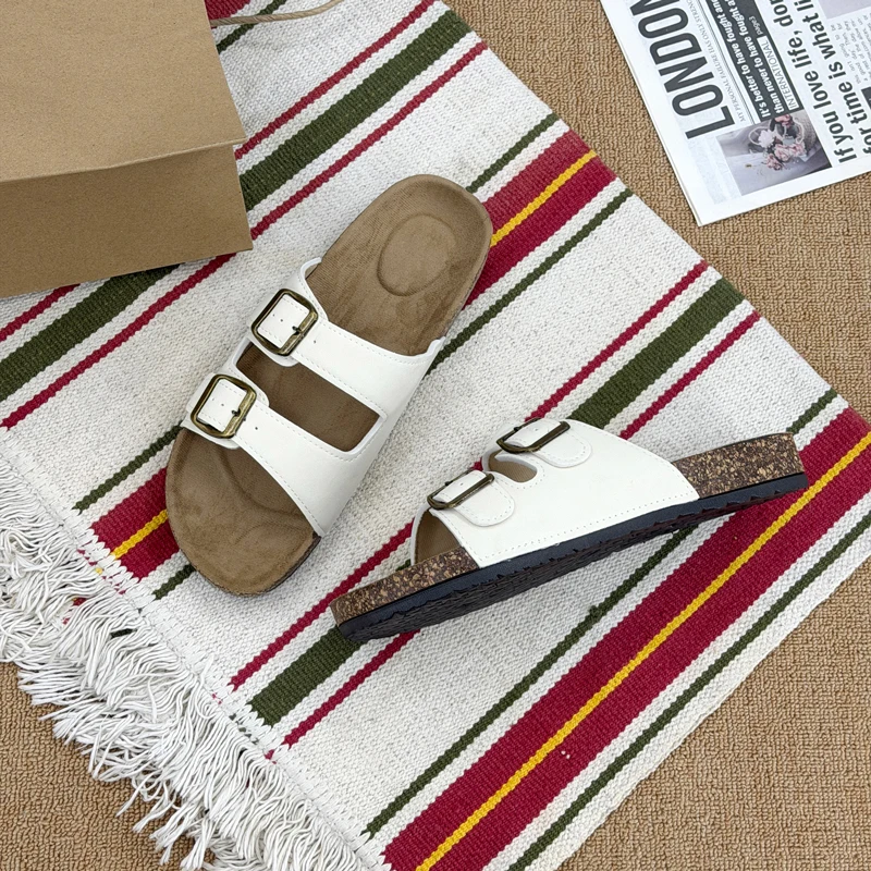 Summer Trend Cork Cool Slippers Couple Double Strap Thick Bottom Outdoor Sandals Anti slip Comfortable Flat Shoes