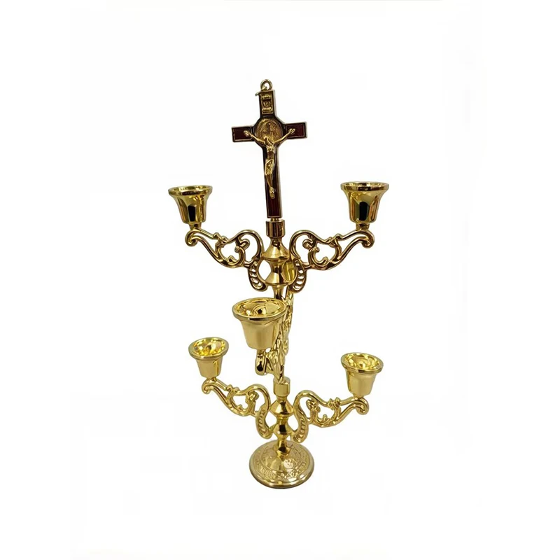 Gold Plated Orthodox Catholic Five Branch Candelabra with Crucifix Cross for Church Liturgy Home Altar Devotion Christian Gift