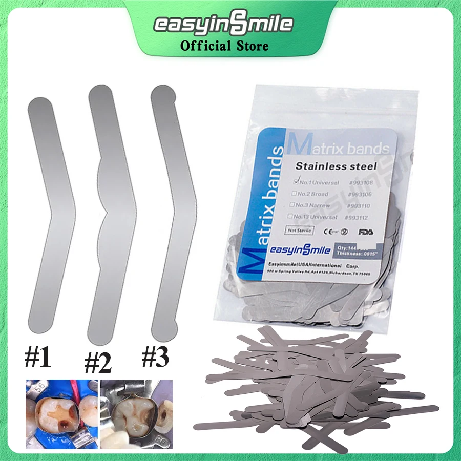 

144pcs Dental Tofflemire Matrix Bands 0015 Inch Stainless Steel Universal - Broad Narrow Regular Bands #1/#2/#3/#4 EASYINSMILE