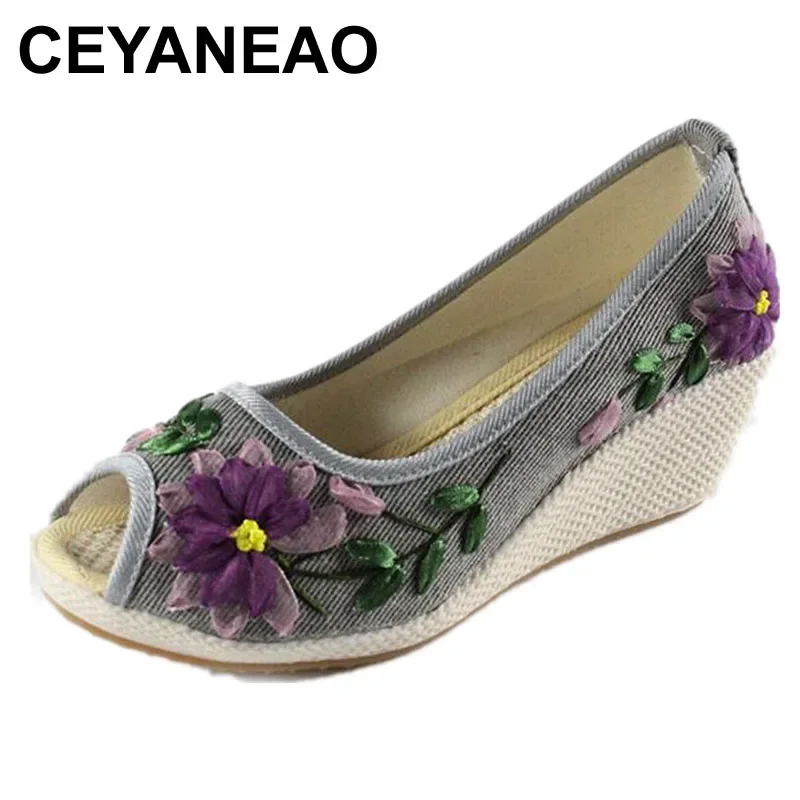 

CEYANEAO Vintage Women Floral Pumps Embroidery Linen Shoes Retro Fabric Canvas Peep Toe Dance Wedges Single Heel Sandals