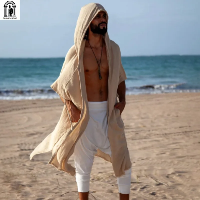 Summer Men Hooded Kimono Robe Loose Short Sleeve Open Front Long Beach Cover Up Pocket Design Holiday Spa Pool Wrap Coat