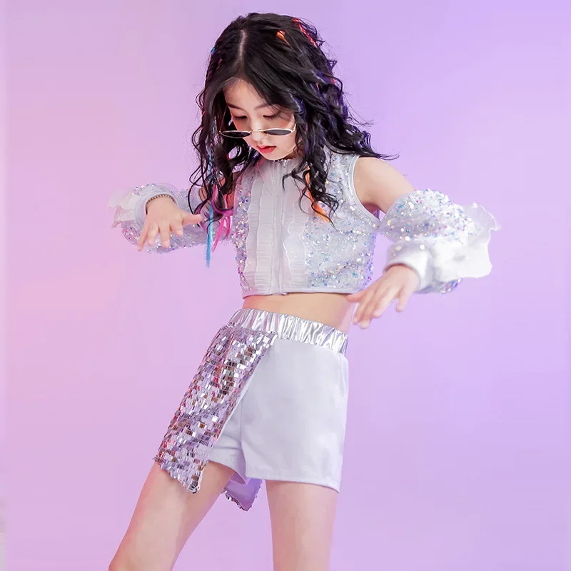 Pakaian panggung anak-anak, mode kostum panggung perak putih, pakaian penampilan Jazz perempuan Hip Hop, pakaian penampilan anak perempuan, Model pakaian panggung