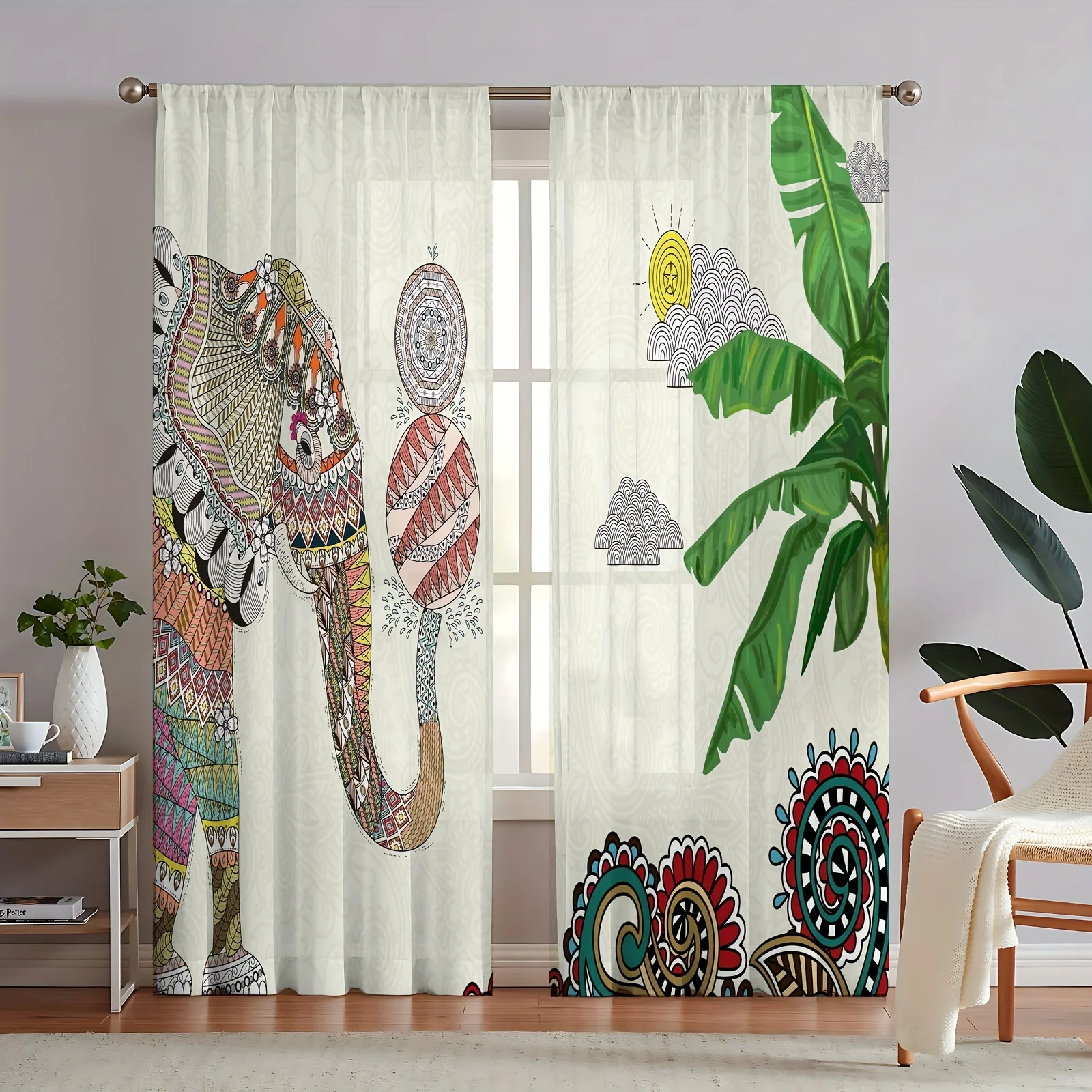 2pcs Bohemian Curtains Window Drapes With Mandala Flower Elephant Tropical Plant Print Pattern Grommet Top Curtain For BedRoom