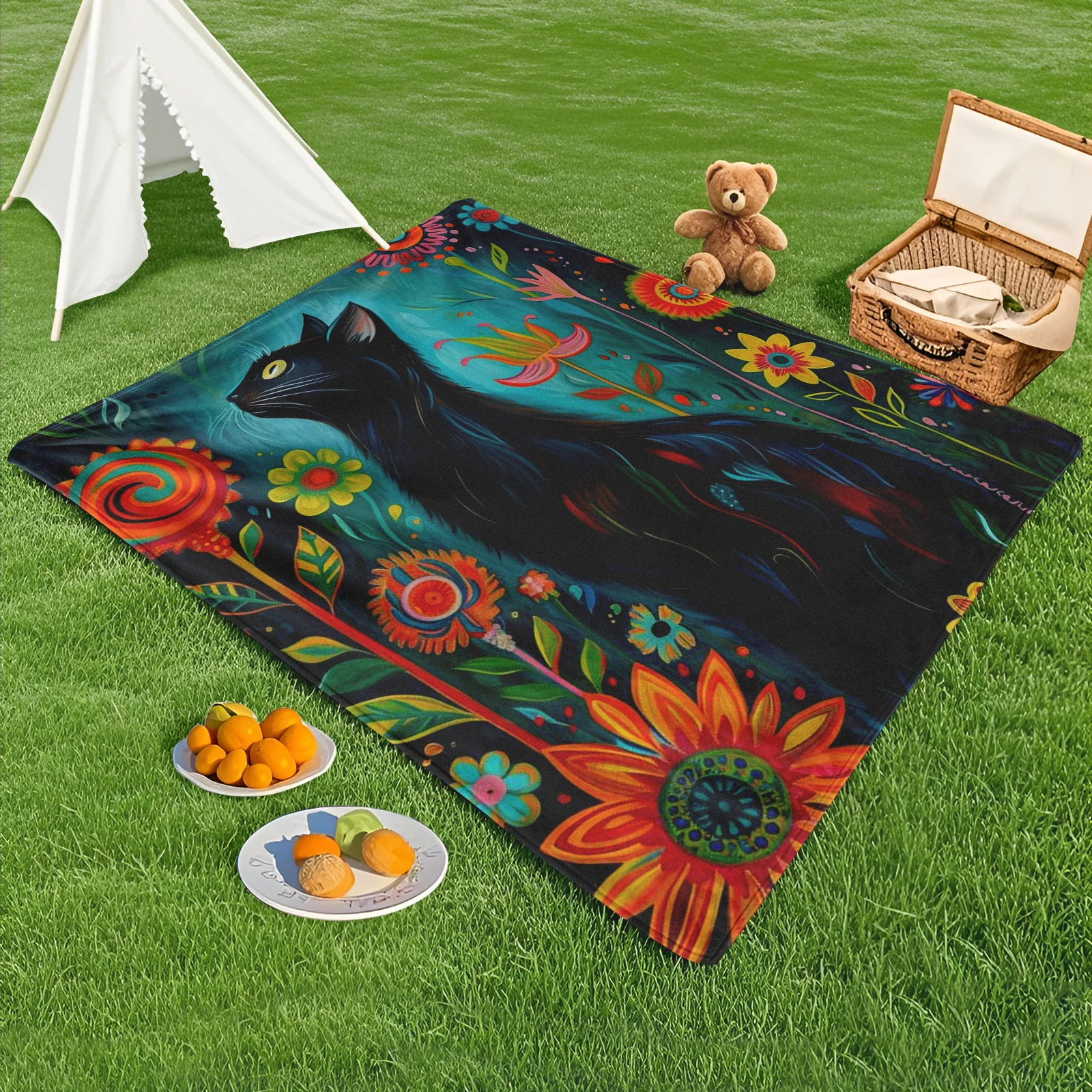 

Elegant Cat And Floral Outdoor Blanket With Blue And Black Tones For Picnic Camping Beach And Cozy Outdoor Relaxation Moments