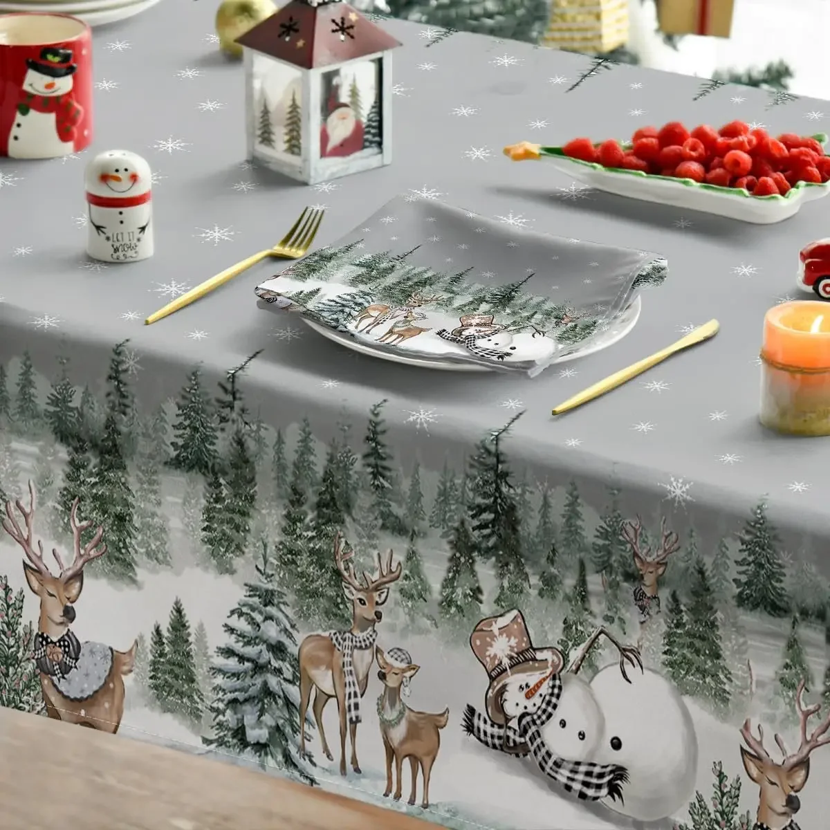 Christmas Elk Snowman Rectangle Tablecloth Holiday Party Decor Winter Xmas Waterproof Tabalecloth Christmas Decorations