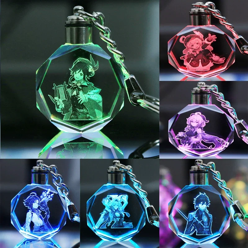 Genshin Impact Anime Figure Game Character Venti Eula Zhongli Colorful Luminous Crystal Keychain Children\'s Toy Birthday Gifts