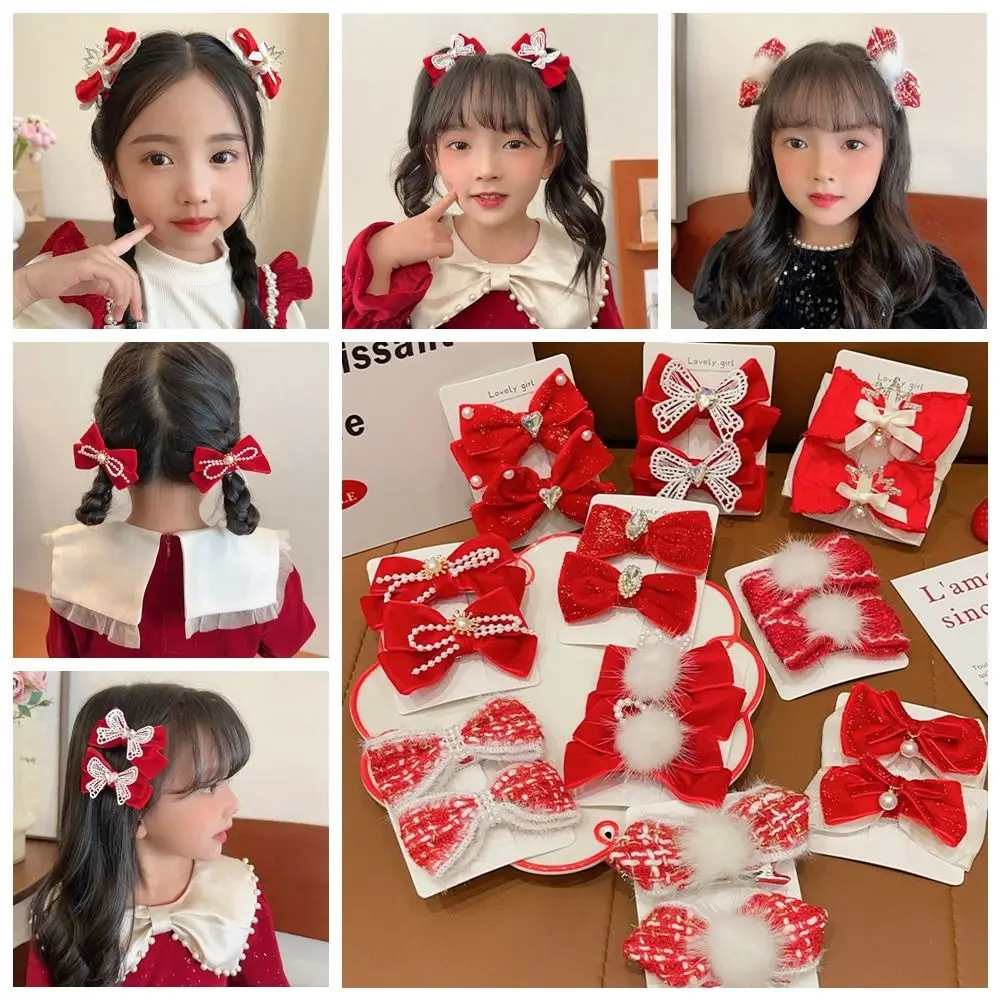 Plush Children Red Bow Hairpin Rabbit Cloth Hanfu Hair Sticks Bowknot Girl Hair Accessories Ancient Style Hairpin Girls