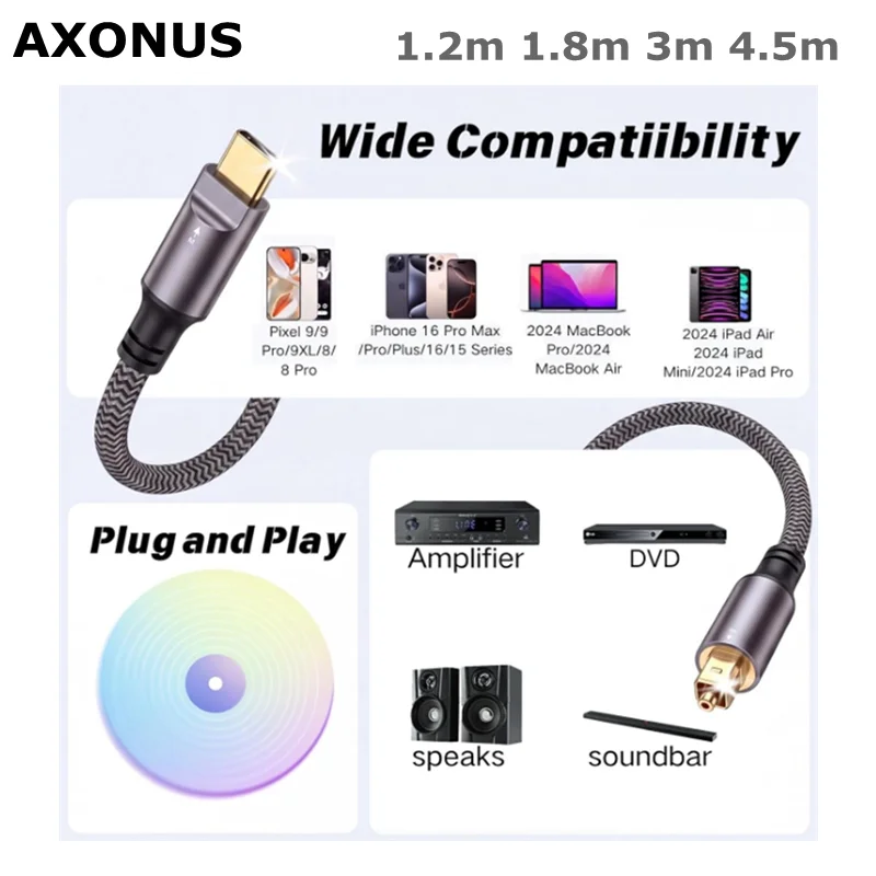 Unidirectional USB C to SPDIF Port Male Digital Optic Stereo Audio Cord for Smartphone, Tablet, Laptop, TV/Soundbar, Sony PS5,