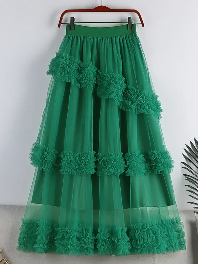 

OHRYIYIE 2023 Sweet Cake Tulle Skirt Women Elegant Midi Long High Waist A Line Skirt Female Winter Yellow Green Party Skirt Lady