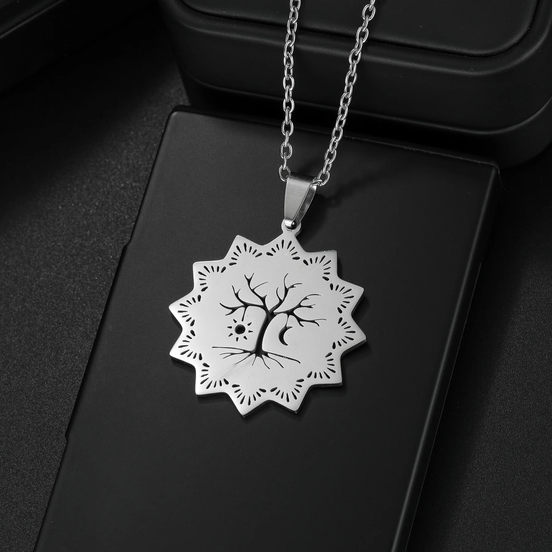 Islamic Son Star Double Moom Pendant Necklace for Women Men Stainless Steel Evil Eye   Fashion Jewelry for Friend Birthday Gift image 3
