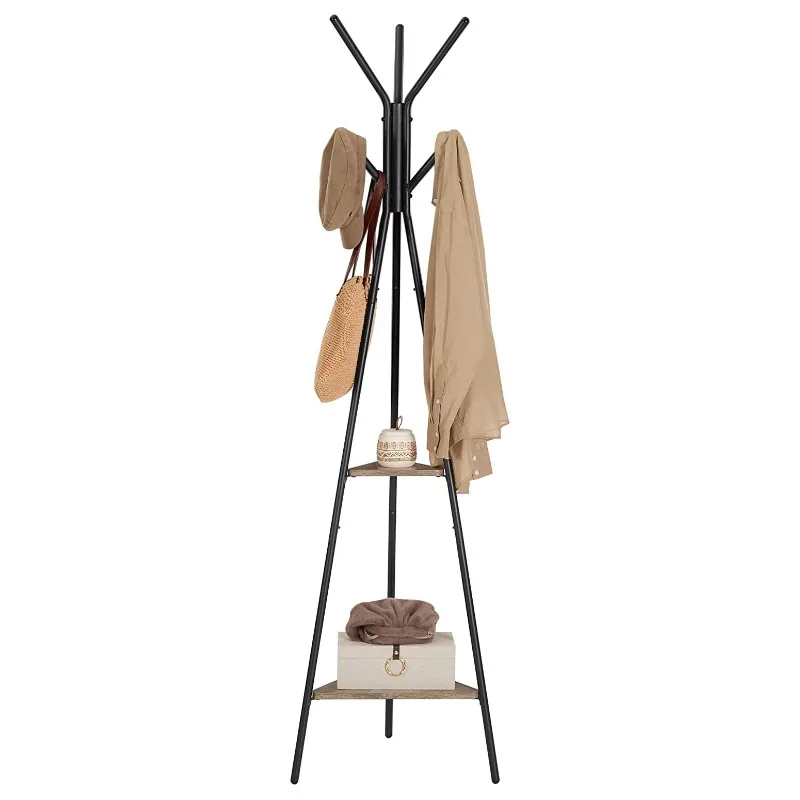 Industrial style freestanding coat rack with 2 triangular shelves for bedroom pocket storage