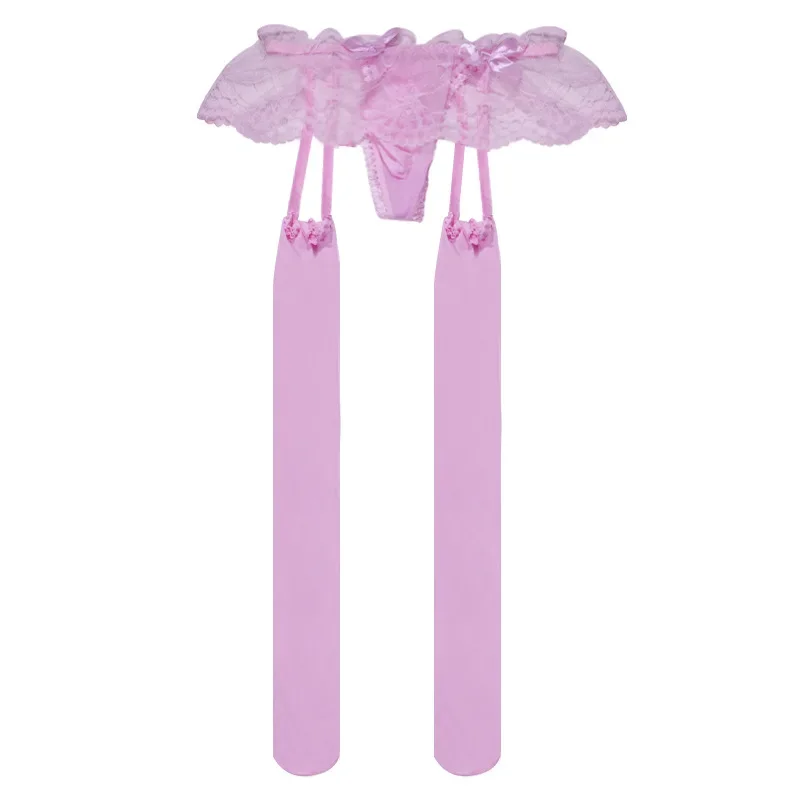 912Needle Shiny Silky Lace Stockings with Garter Belt Stockings T-ShapedTPants One-Piece Free Sexy Long Pantyhose