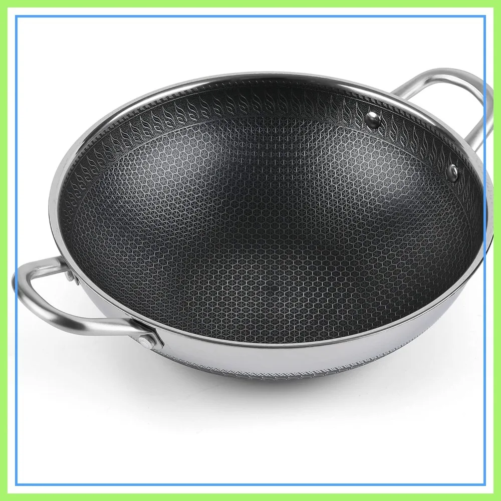 

12.5" Wok Pan with Dual Honeycomb Nonstick, Stainless Steel Frying Pan, Two Handles, Induction & Gas Stove Compatible