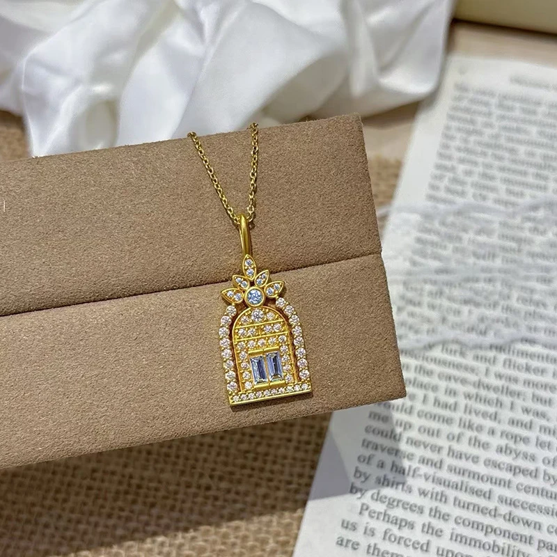 Luxury 100% 24K Gold AU999 Unique Full Diamond Castle Necklace Blue Diamond Door Of Happiness Choker