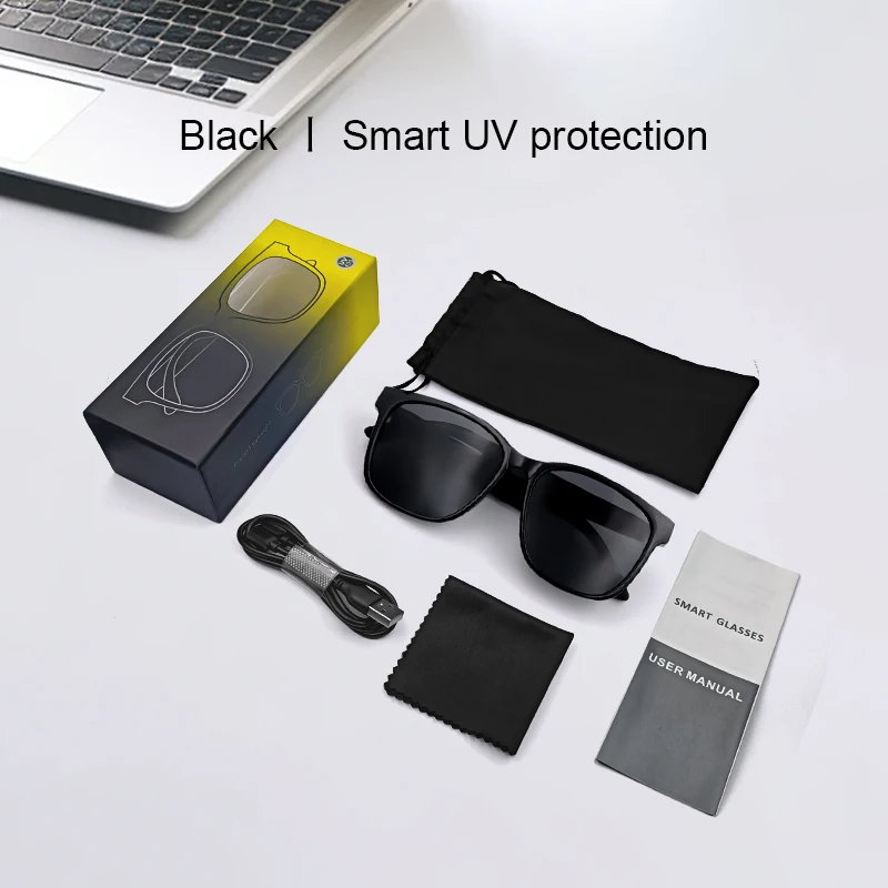 ใหม่ GS08 สมาร์ทแว่นตาสําหรับชาย 2 in 1 UV Protection แบบพกพาโพลาไรซ์ Anti-Blue Light กรอบสีดําเลนส์สีขาวเพลงแว่นตากันแดด