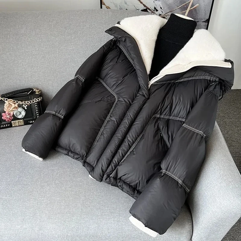 2024 Winter Women Coats Large Woolen Collar Thick Warm Hooded Down Cotton Jacket Outerwear Winter Jacket Streetwear New Female