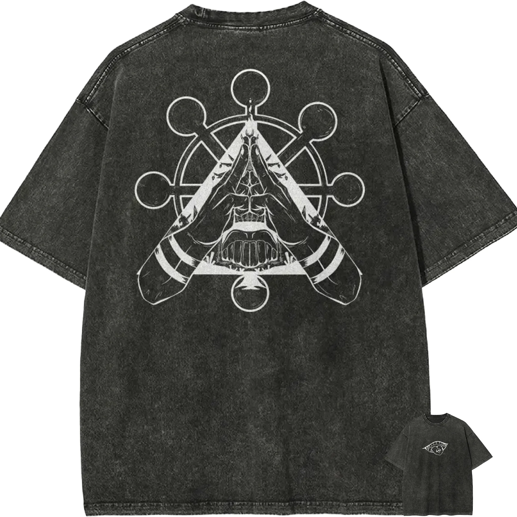 Jujutsu Kaisen Sukuna T-Shirt für Herren, Mahoraga-Rad, Vintage Acid Wash Streetwear, Übergroßes Retro Japanisches Anime-Grafik Baumwoll-T-Shirt