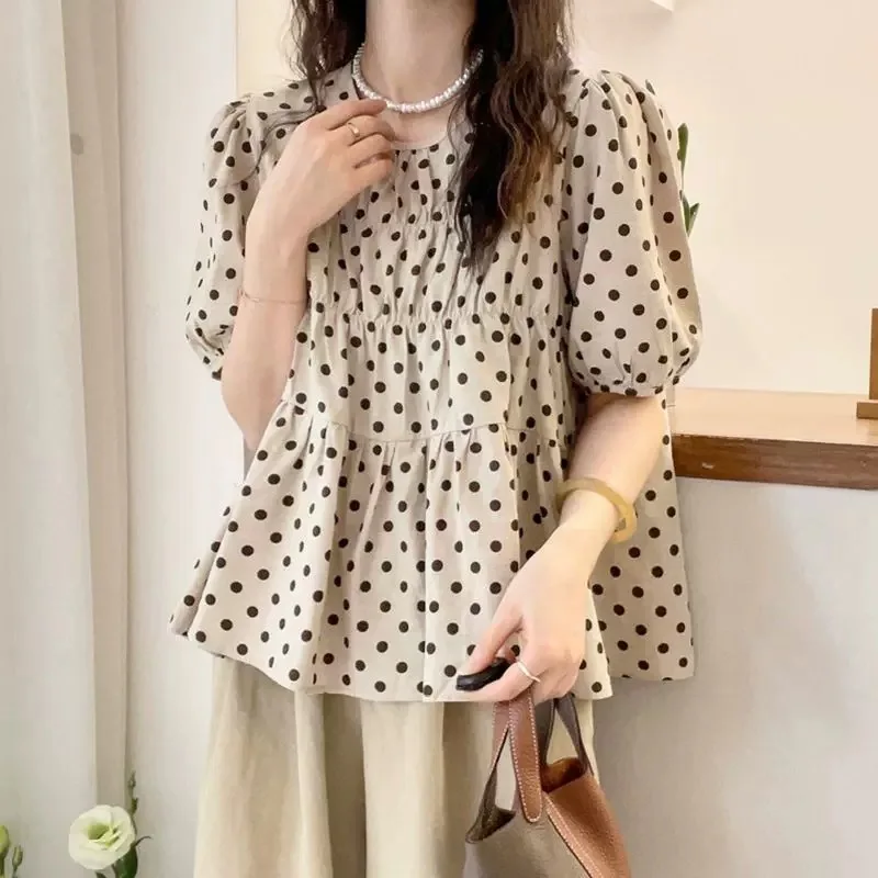 Women's Beige Polka Dot Puff Sleeve Blouse, Casual Round Neck Babydoll Top, Loose-Fit Summer Shirt with Gathered Waist