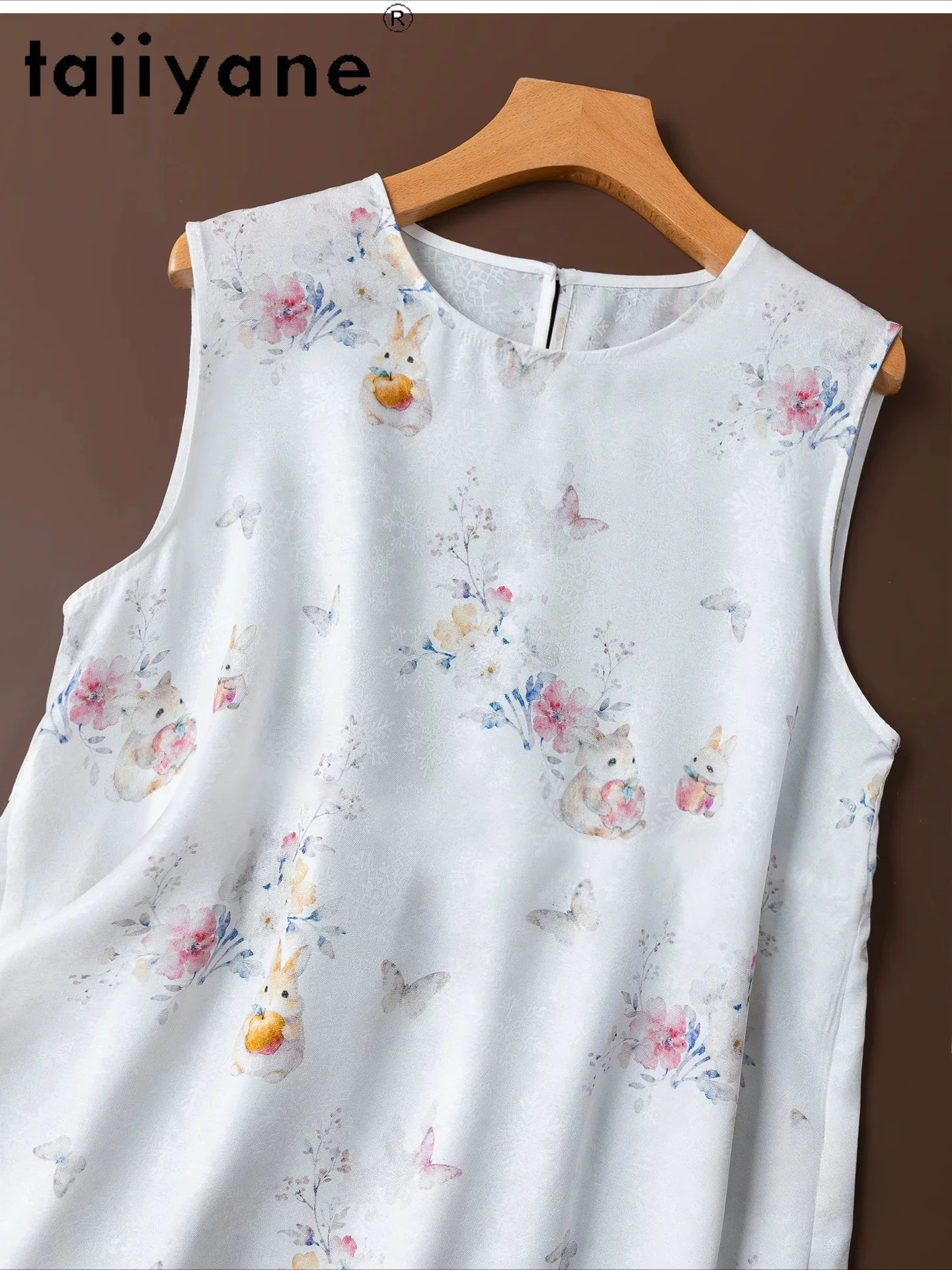 TAJIYANE 100% Mulberry Silk Women's Tanks Rabbit Print A-Line Vest Fashion Loose Sleeveless Summer Tops for Woman Clothing 2026
