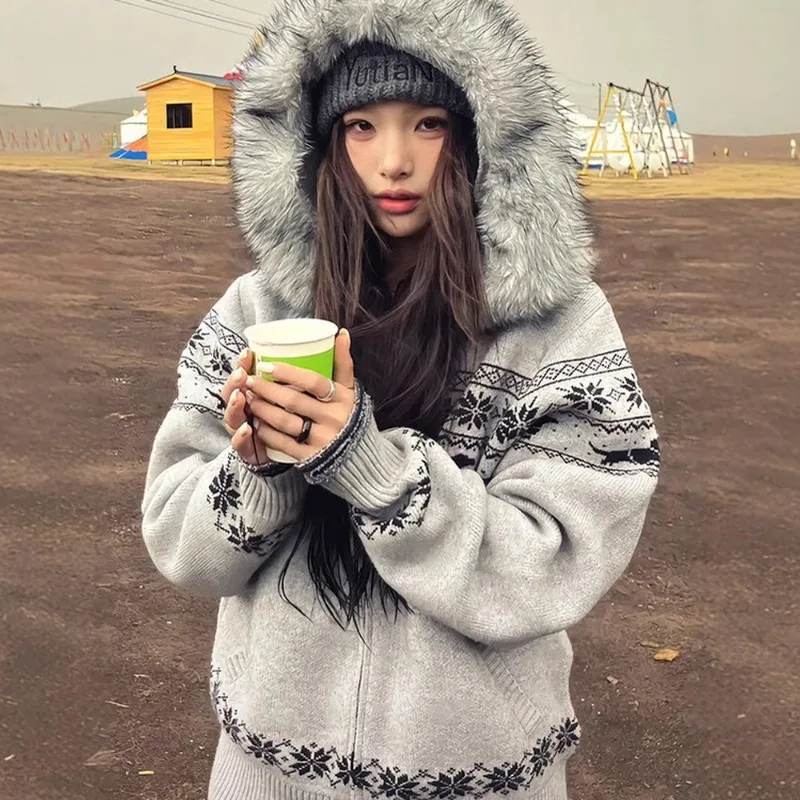 

Artistic Retro Sweater Jacket for Women's Spring Autumn New in Style Casual Loose Fur Collar Hooded Knitted Cardigan Top