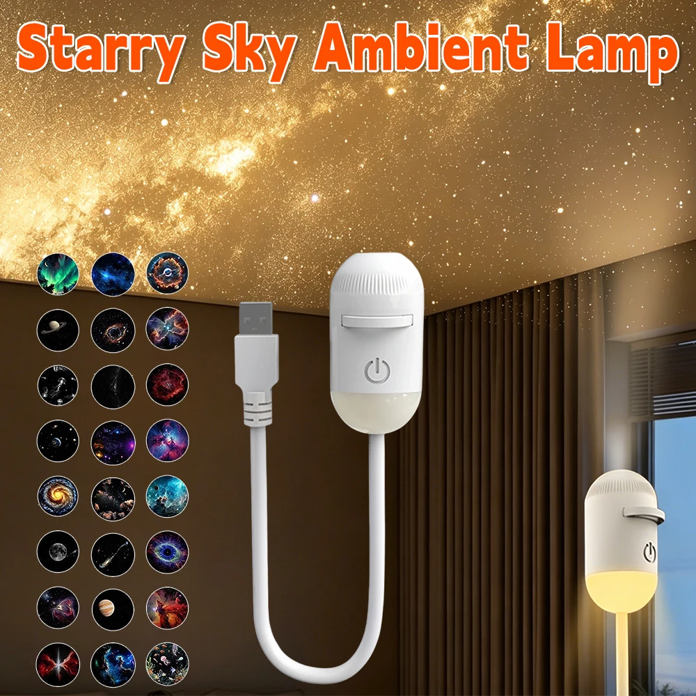 

Portable USB Star Projector Lamp with Interchangeable Films 360° Adjustable Galaxy Night Light for Bedroom Home Party Decor
