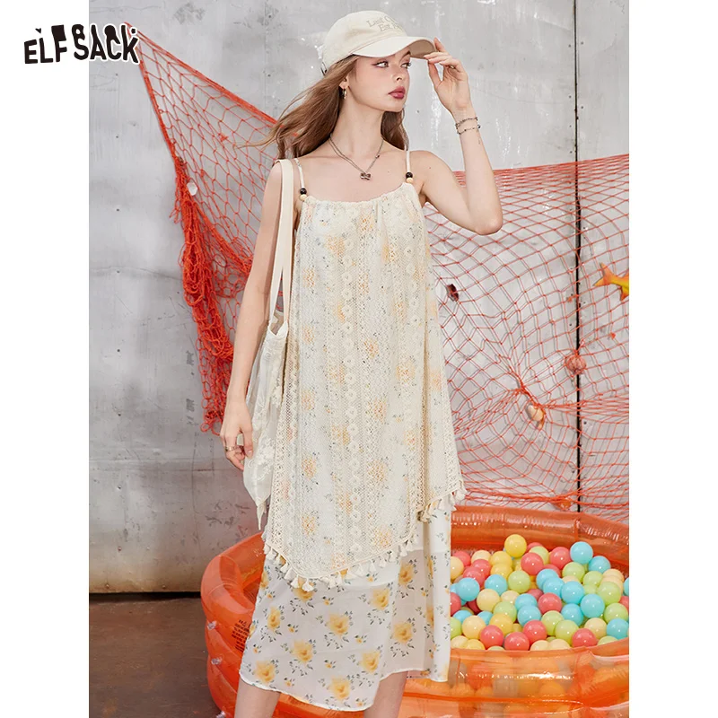 ELFSACK 2024 Summer New Arrivals Lace floral camisole dress with irregular temperament for women, vacation style dress