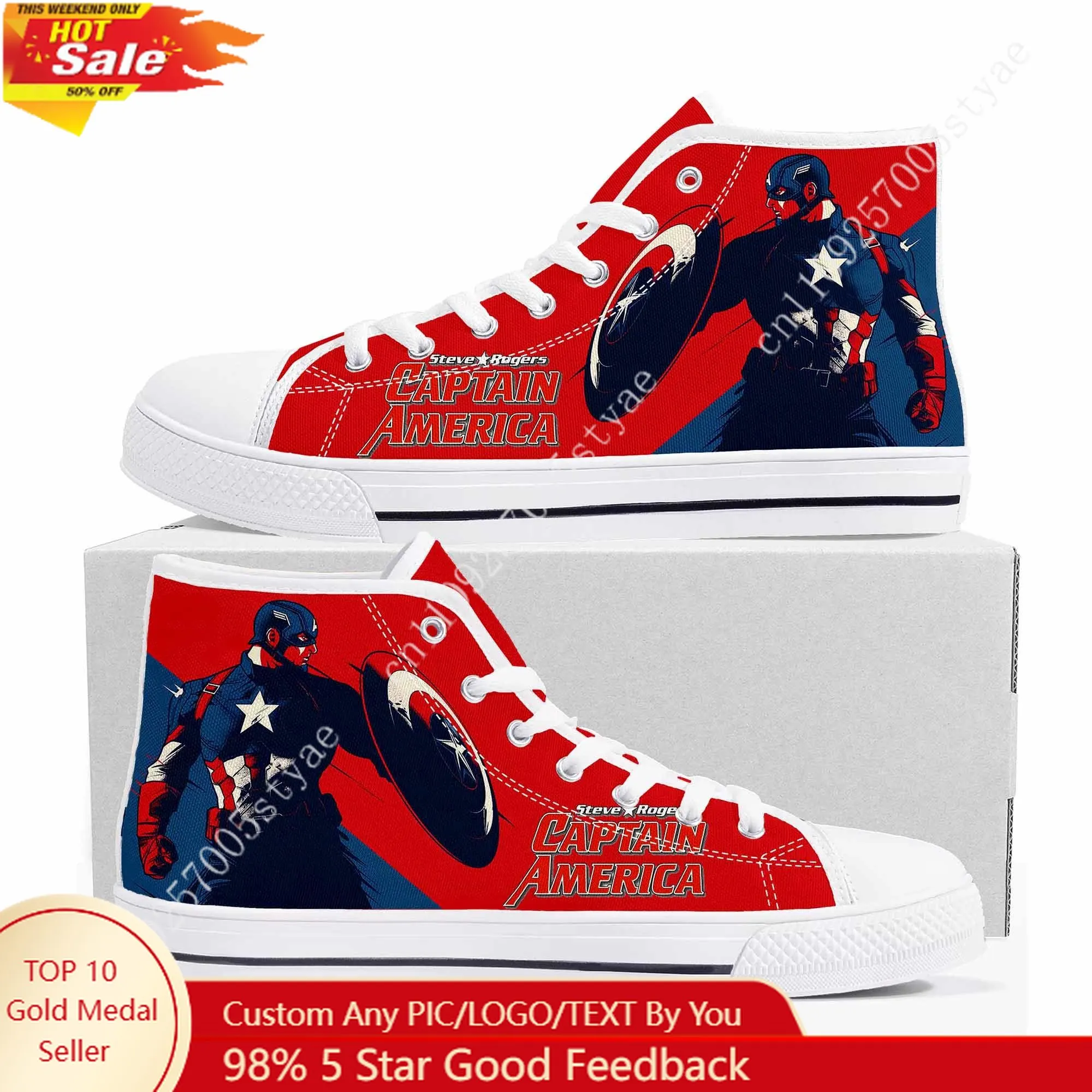 

Marvel Captain America Steve Rogers High Top High Quality Sneakers Mens Womens Teenager Canvas Sneaker Custom Couple Shoes