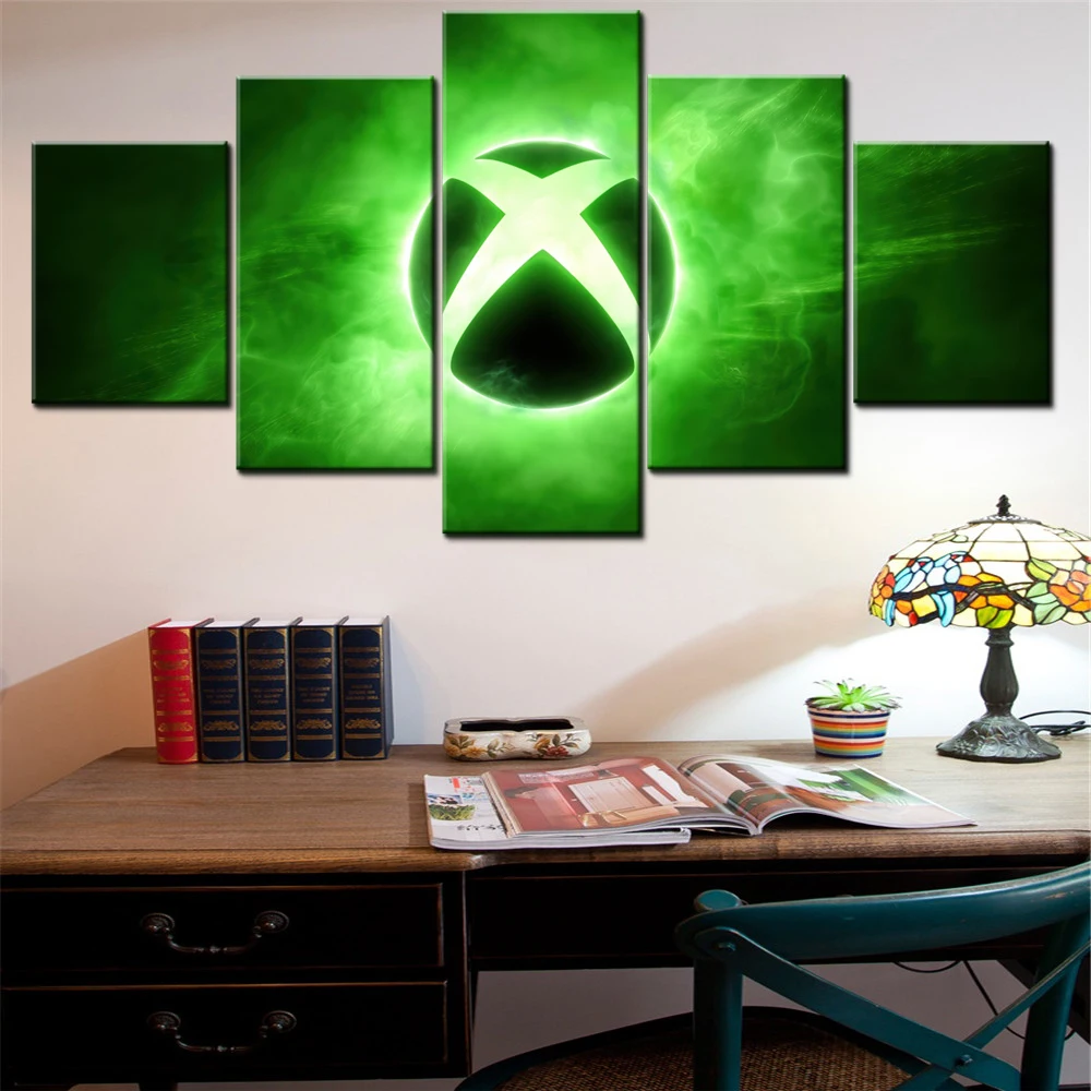 5 Pieces Canvas Wall Arts Poster Painting Technology Xbox Logo Green Background Wallpaper Home Decor Picture Printing Mural