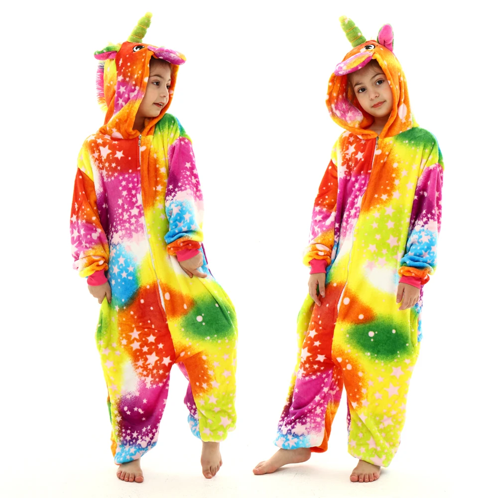 Boys Dinosaur Kigurumi Pajamas Winter Warm Flannel Kids Onesies Pijama Unicorn Kigurumi Animal Hooded Jumpsuits Fox Sleepwear