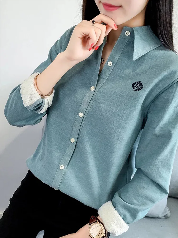 Very Thick Women Winter Style Blouses Shirts Lady Casual Long Sleeve Turn-down Collar Velvet Blusas Tops DF3161