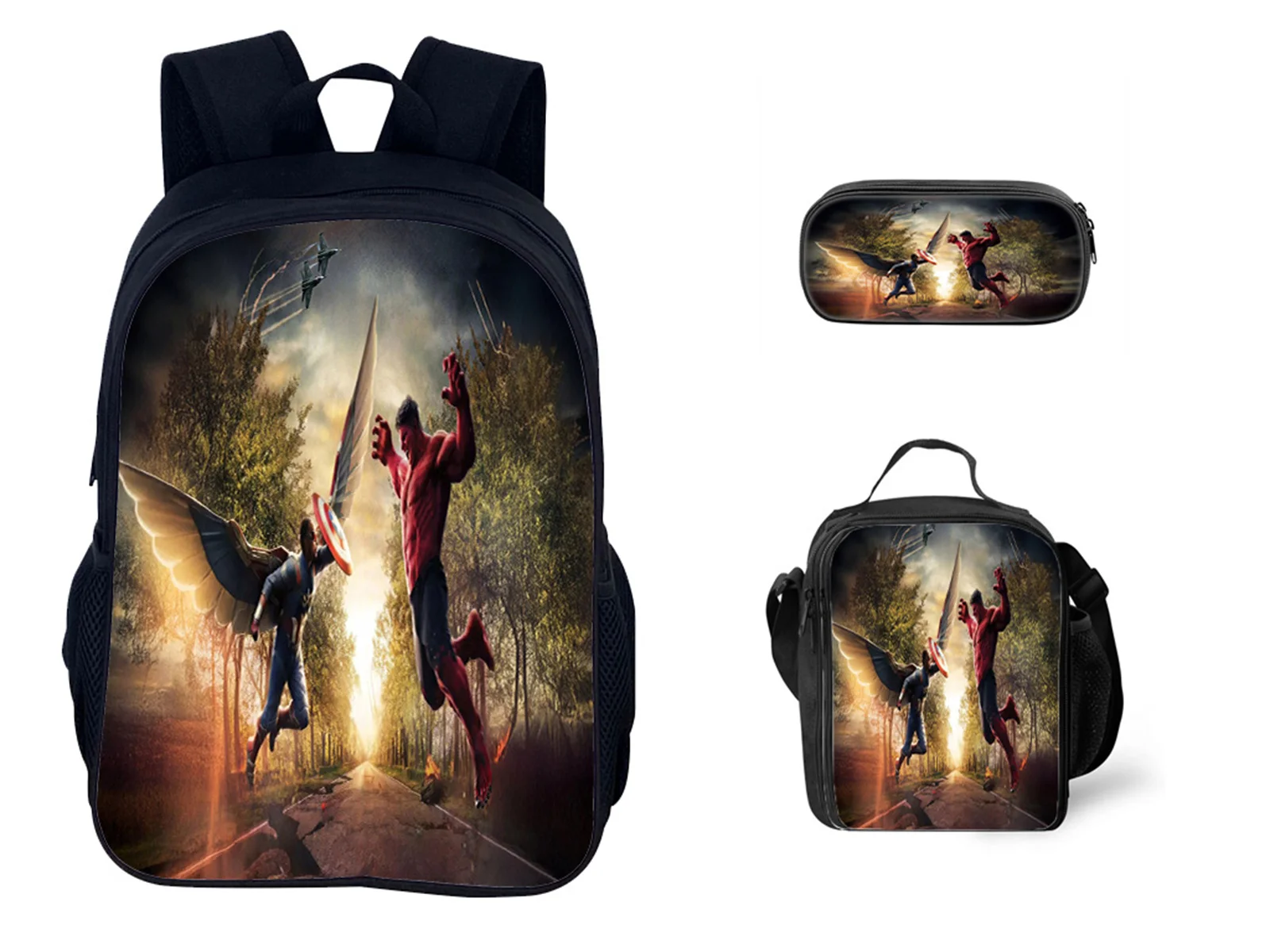 

Classic Captain America Backpack+Insulated Lunch Bag+Pencil Case 3 Pcs Set,Children Back to School Book Bag Set