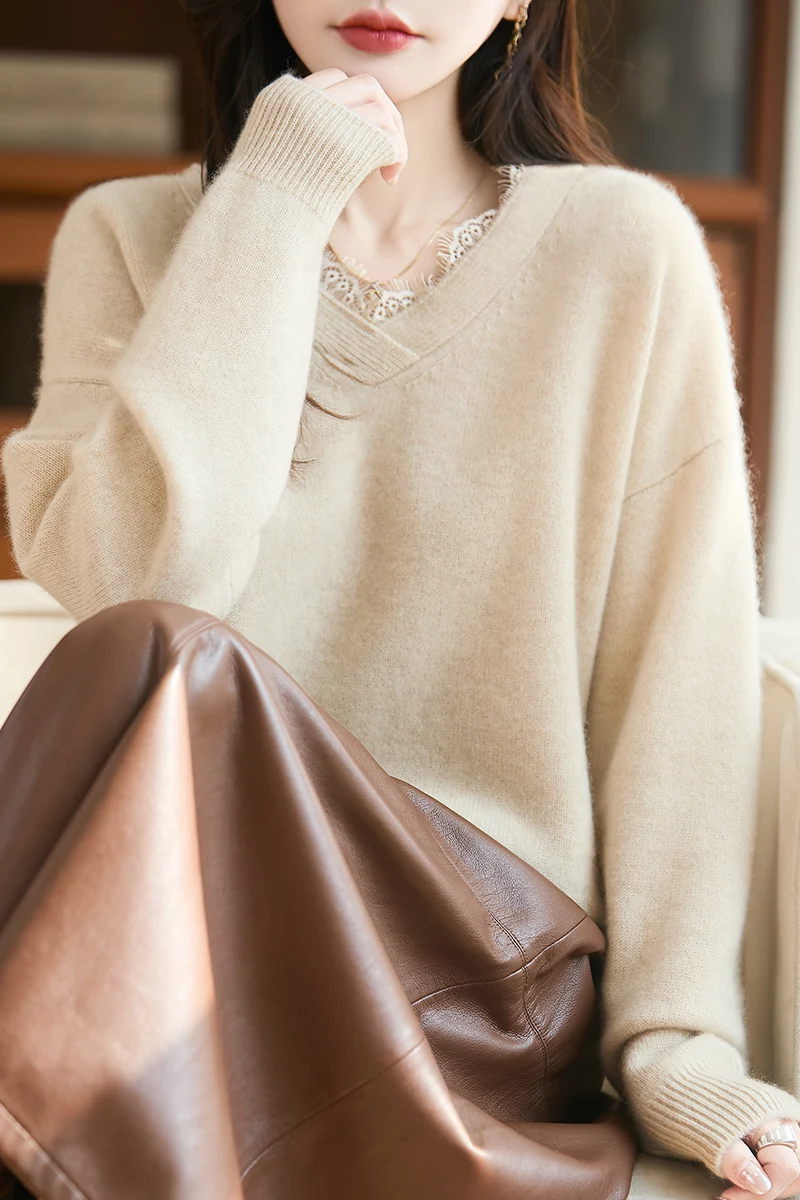 

Women 100% Merino Wool Thickening Sweater V-neck Knitted Lace Pullover Autumn Winter Solid Color Fashionale Clothing Base Tops